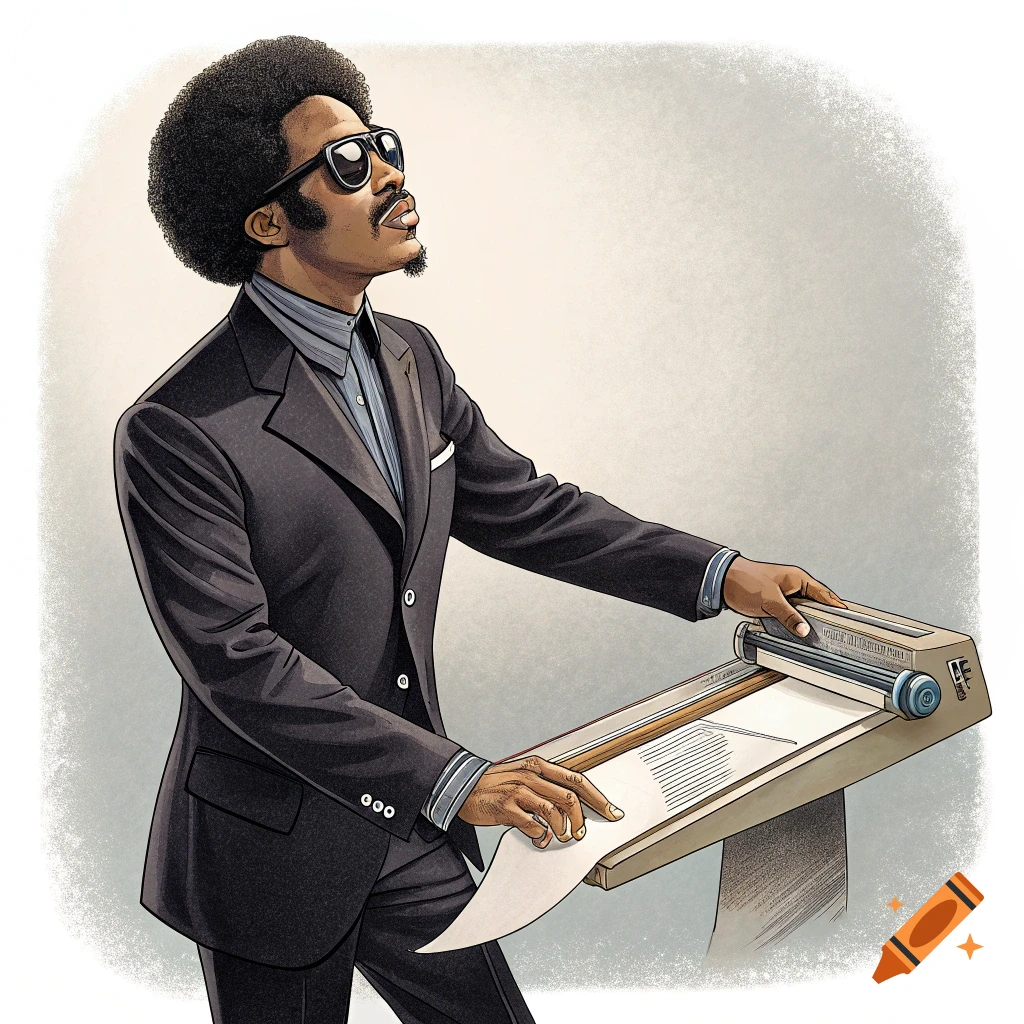 An illustration of a man with an afro and sunglasses in a suit using a paper cutter.