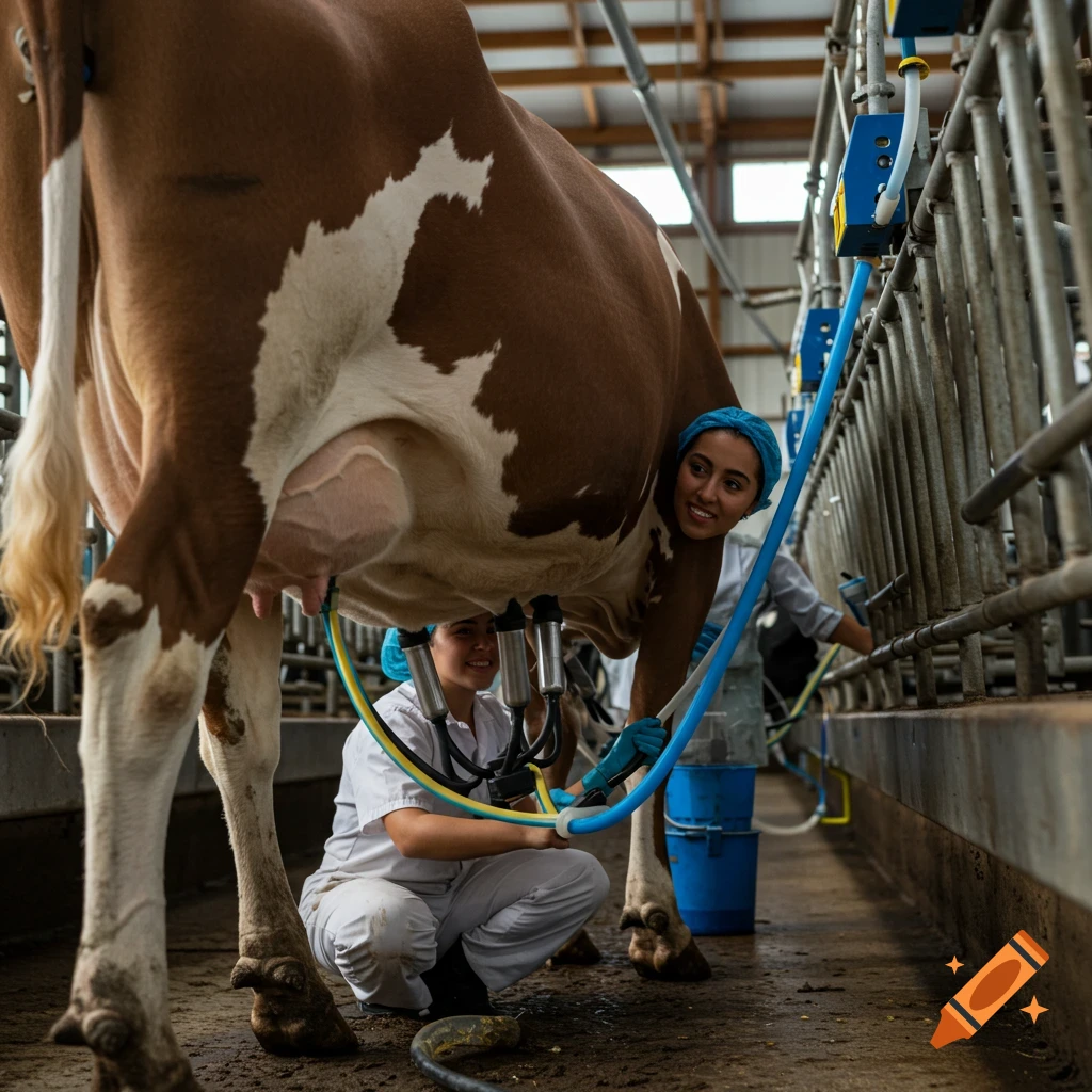 Two women milk a cow with milking equipment in a barn.