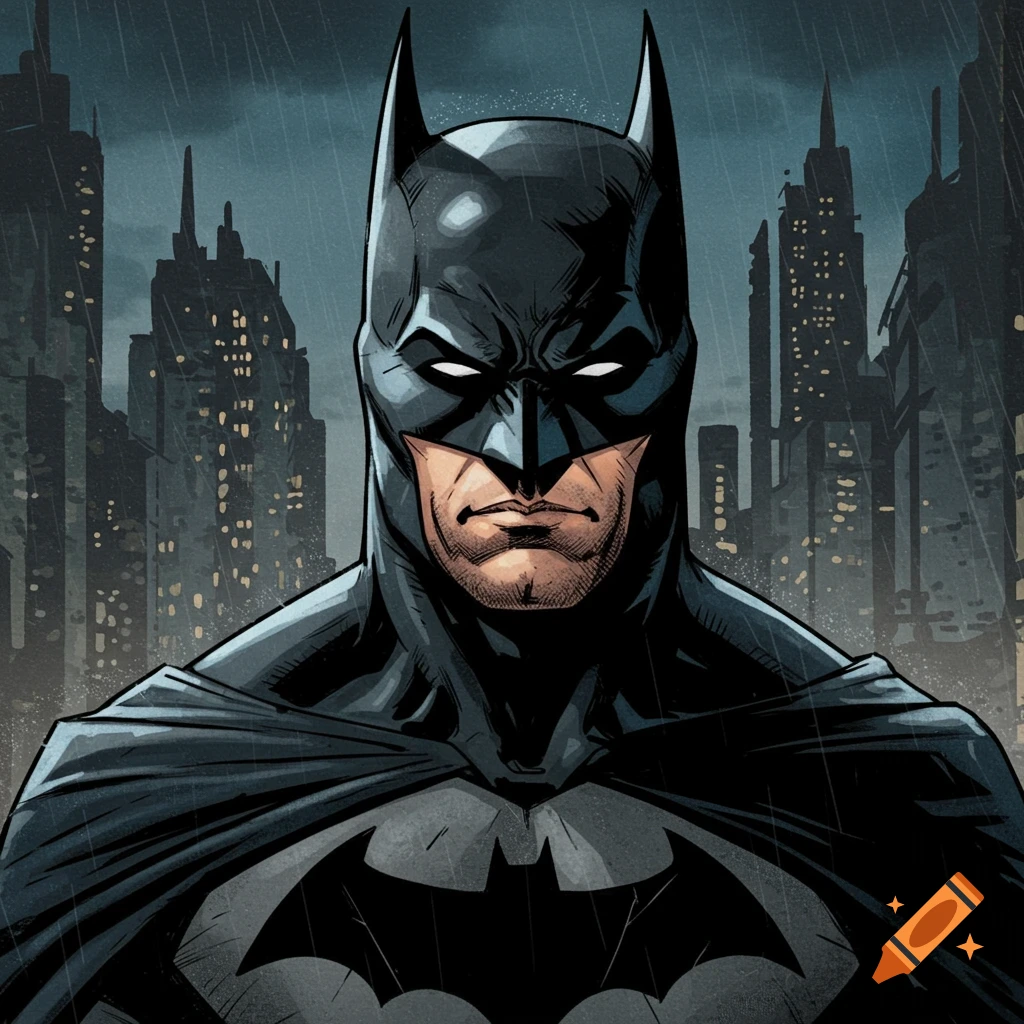 Close-up of Batman against a rainy city skyline in a comic book style.