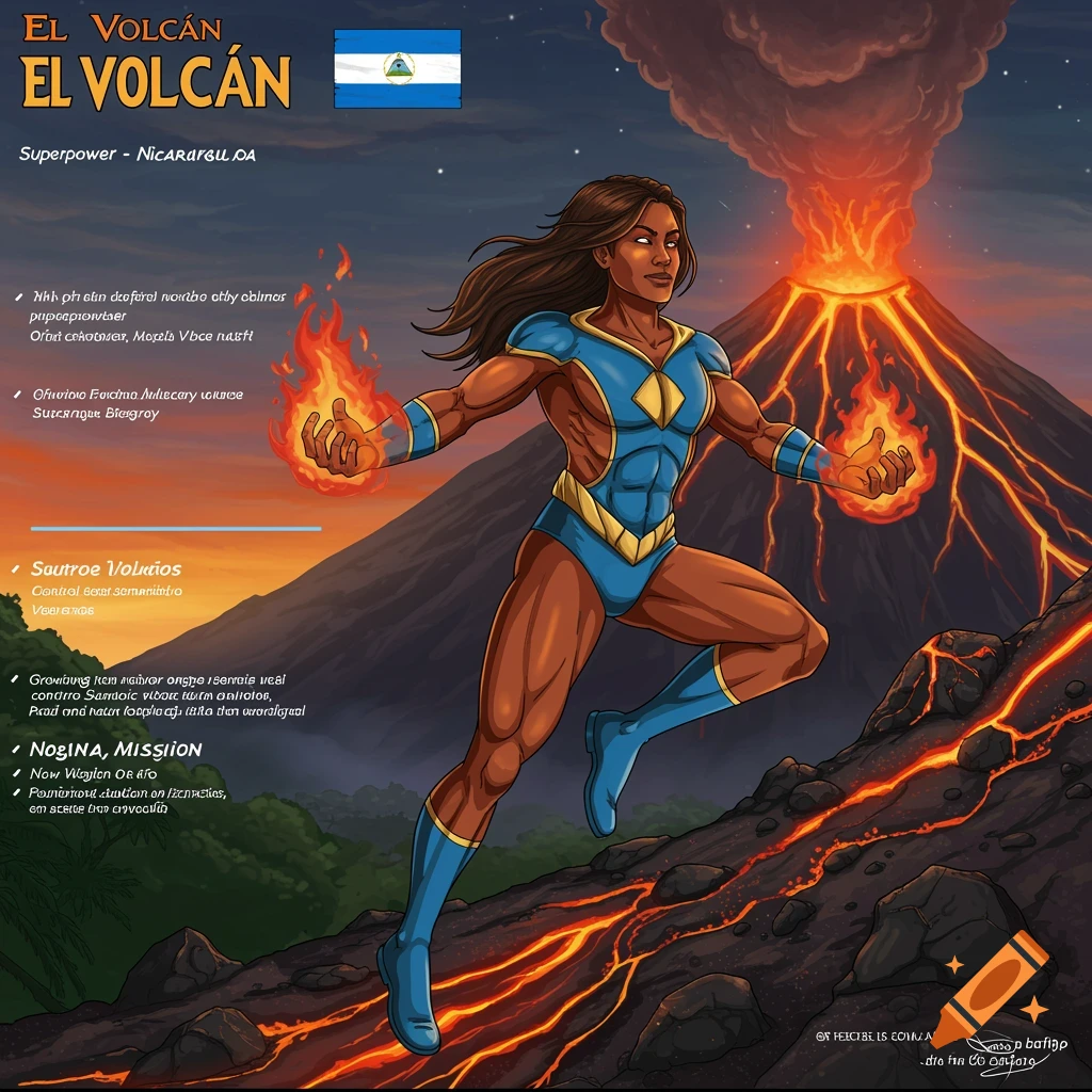 A female superhero with fire powers in a blue and gold costume stands in front of an erupting volcano.