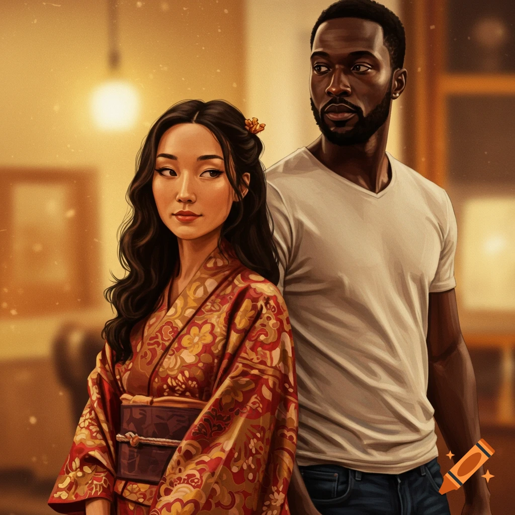 A woman in a kimono and a Black man stand indoors.
