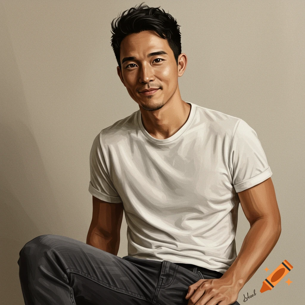 A tan Asian man smiles while seated, wearing a white t-shirt and grey pants.