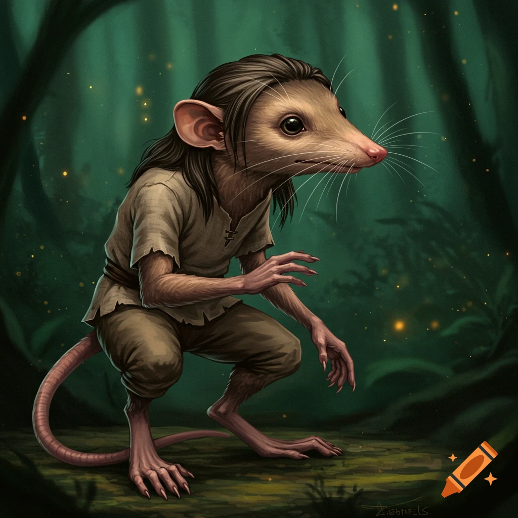 A humanoid rat creature is shown crouching in a forest.