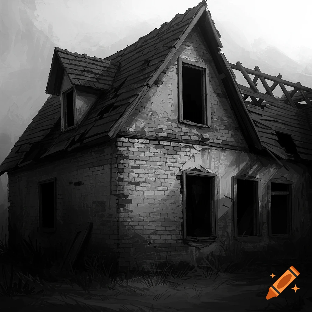 A black and white image of a derelict house with a damaged roof and walls.