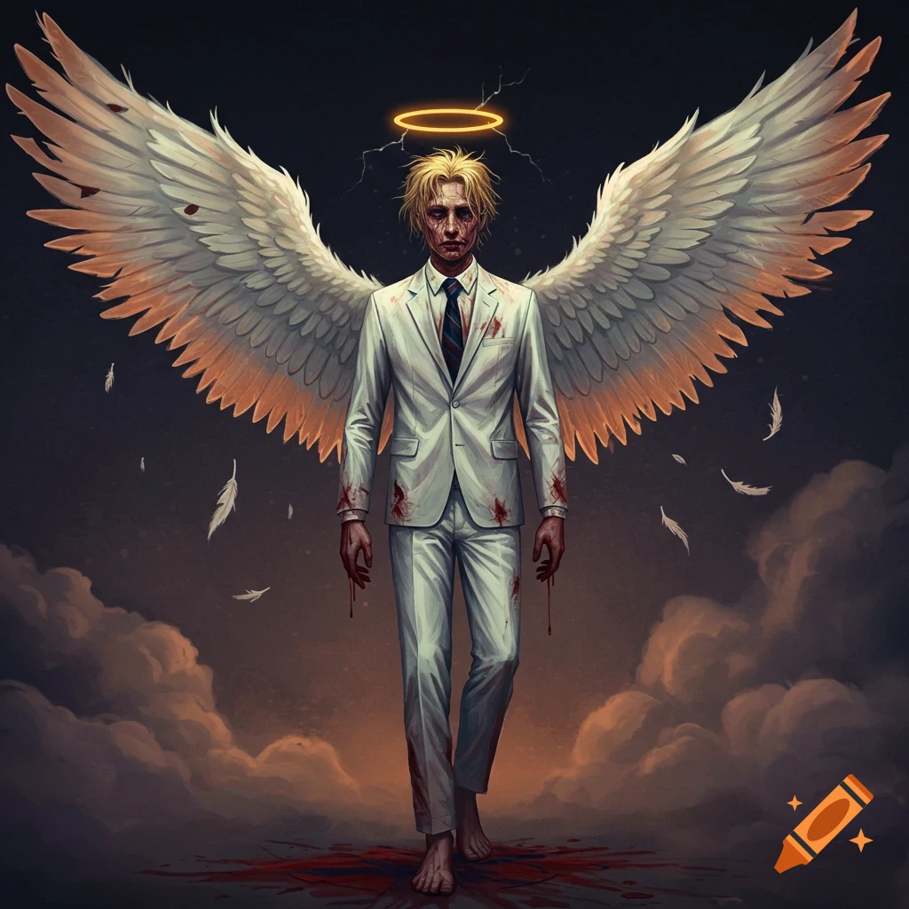 a fallen angel in a blood-stained white suit, with large wings, a halo, standing in clouds.