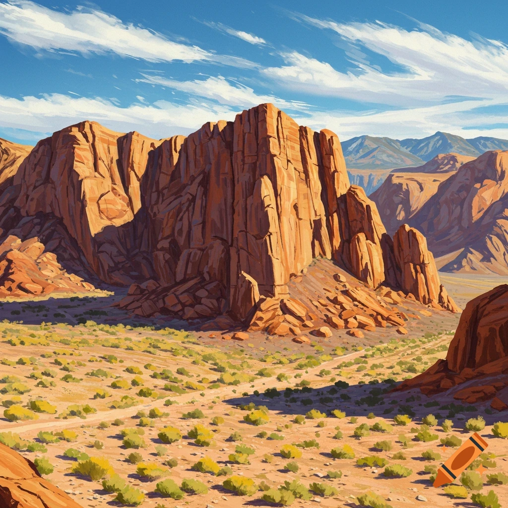 A desert landscape with large red rock formations under a blue sky.