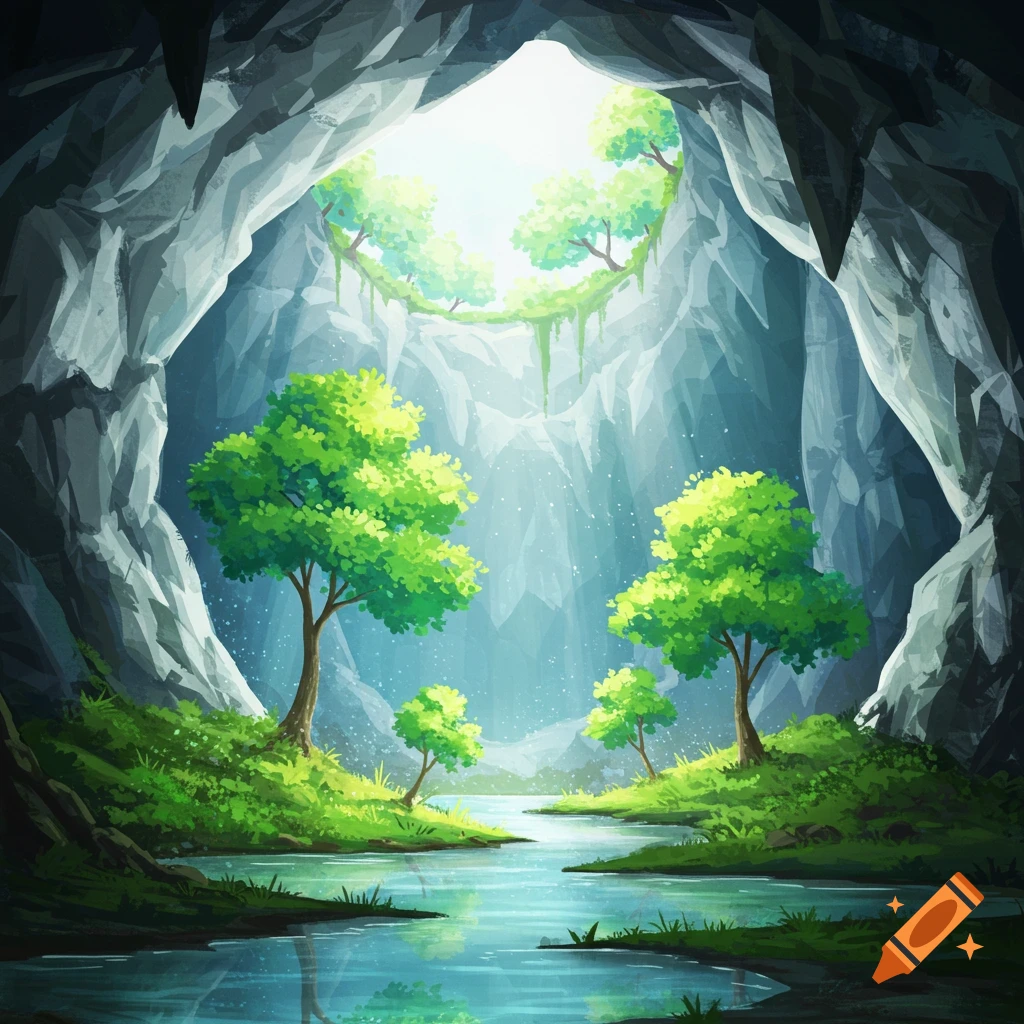 Cave interior with sunlight, trees, and a stream.