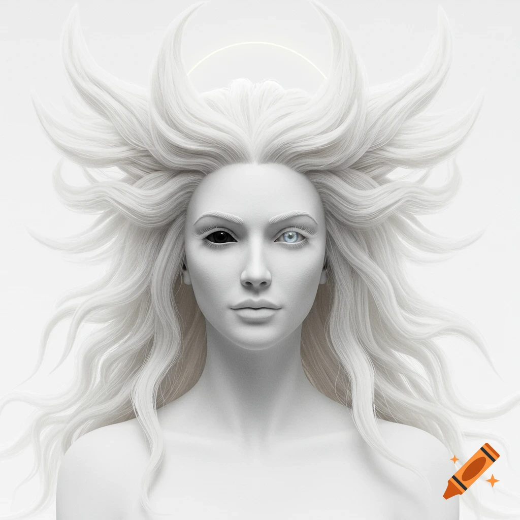 Portrait of a white-skinned figure with long white hair styled like horns. Features heterochromia eyes, one black, one blue/grey, and a faint halo.