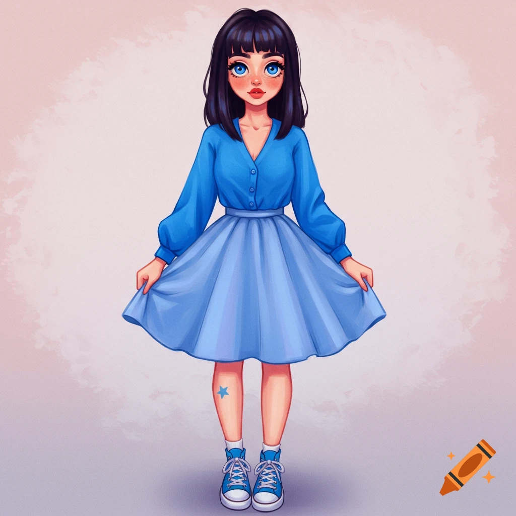 A girl in a blue cardigan and skirt, with a star tattoo.