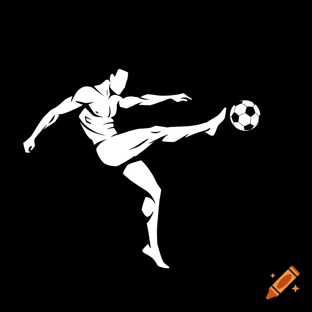 Black and white graphic illustration of a man kicking a soccer ball.