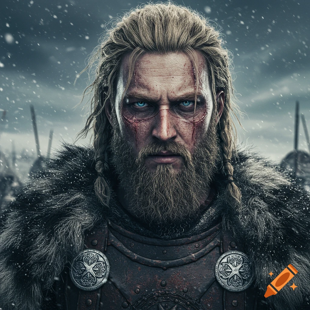Close-up portrait of a rugged Viking warrior with blonde hair, blue eyes, and scars, wearing fur armor in a snowy battlefield.