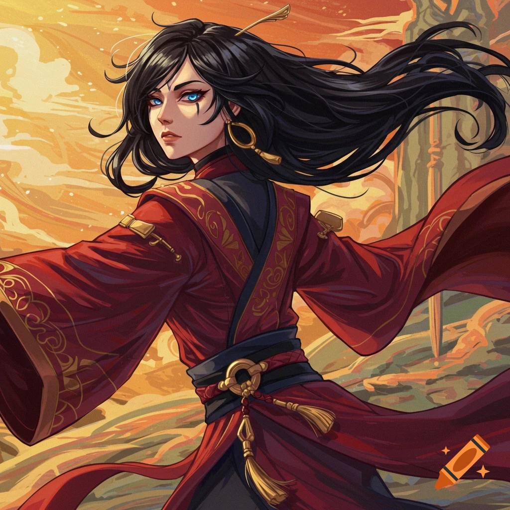 A woman with black hair and blue eyes in red and gold traditional clothing against a warm, hazy background.