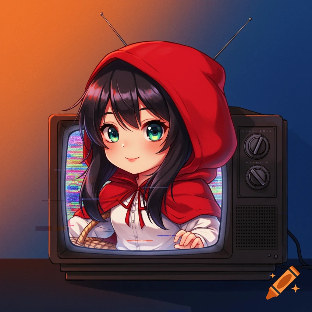 An anime girl dressed as Red Riding Hood emerges from a vintage TV with static.