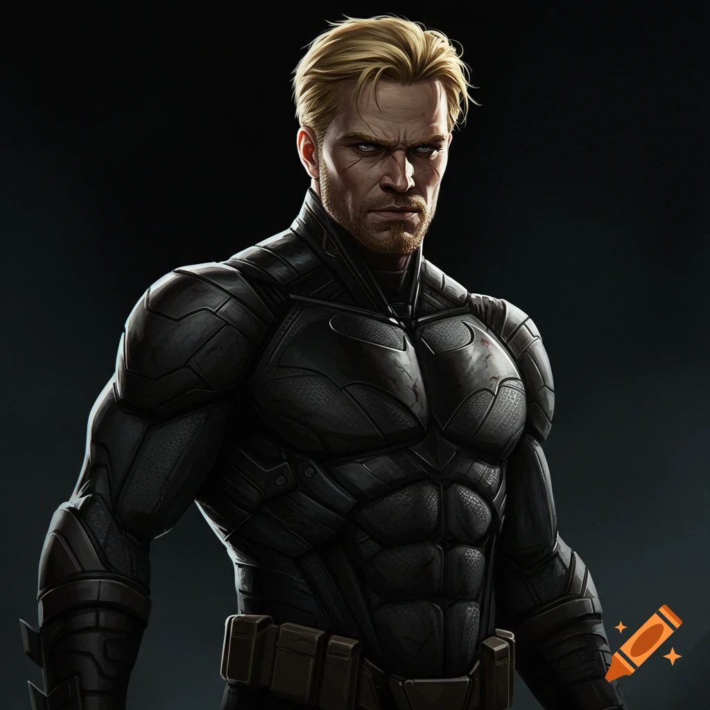 An image of a blond male character in a black armored superhero suit.