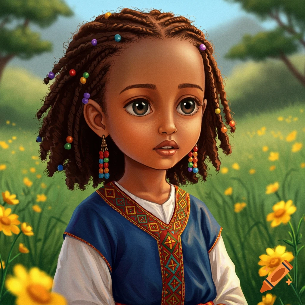 Young girl with beaded braids in traditional dress standing in a field of yellow flowers.