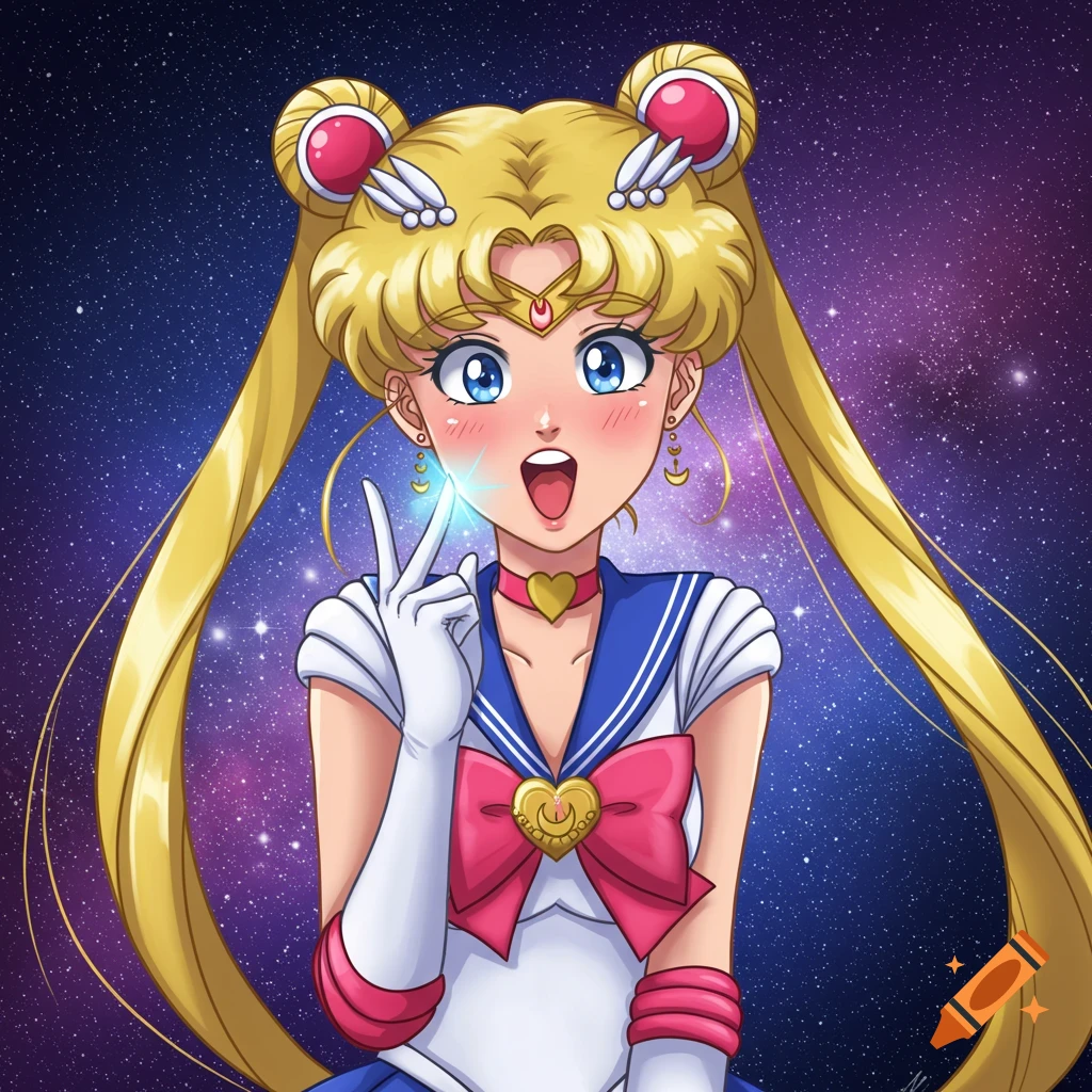 Sailor Moon making a peace sign against a starry background in an anime style.