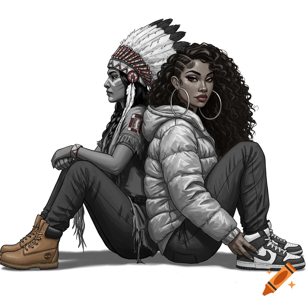 Digital illustration of two women sitting back-to-back, one in grayscale traditional Native American attire, the other in color modern urban fashion.