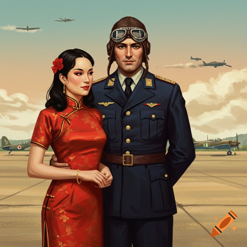 A man in a pilot uniform stands with a woman in a red dress on an airfield with planes.