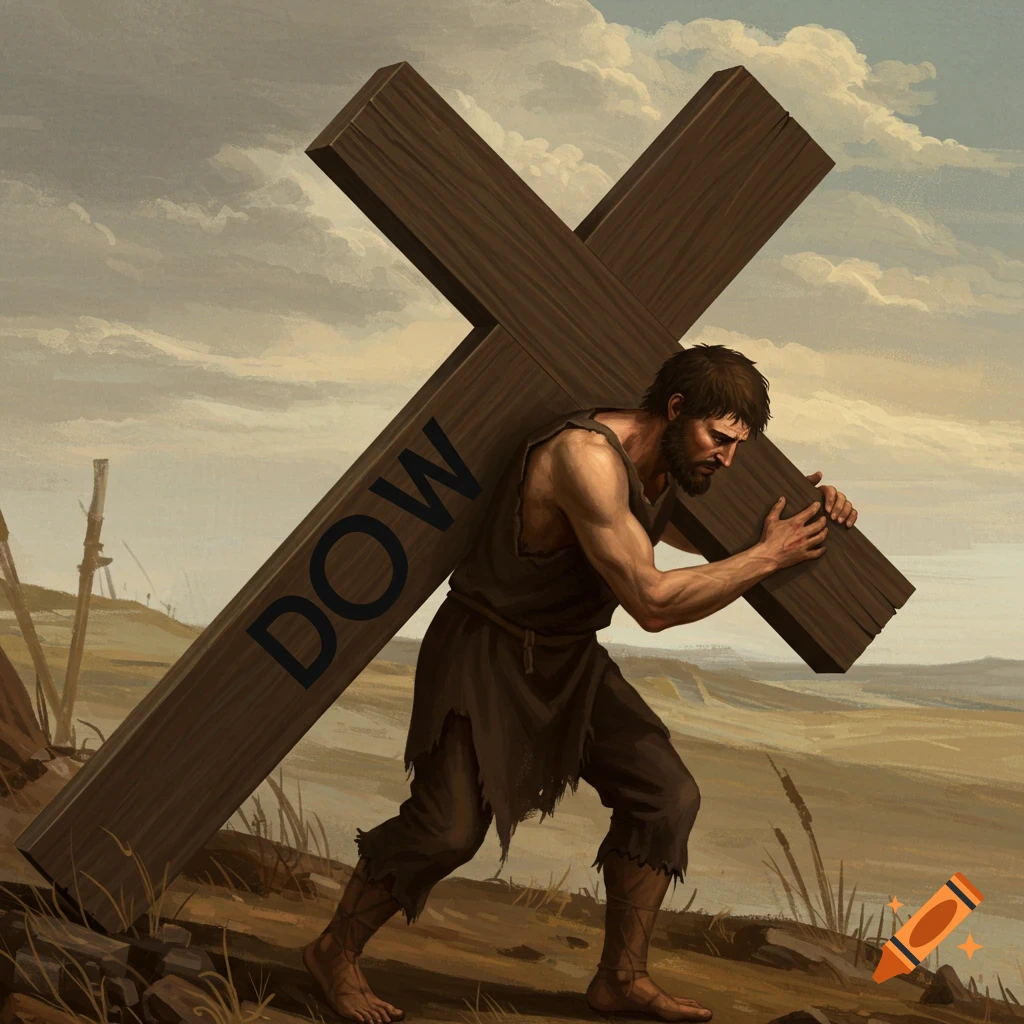 A man carries a large wooden cross up a hill with the word DOW on it.