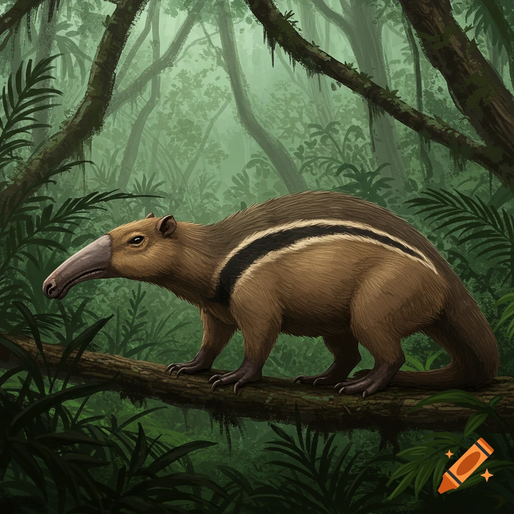 A fantasy anteater-like creature with brown fur and black stripes sits on a branch in a dense rainforest.