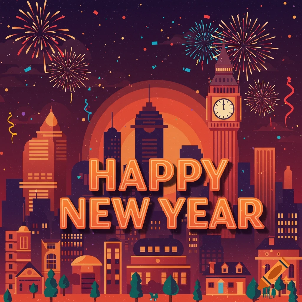 Vector illustration of city skyline with Happy New Year text and fireworks.