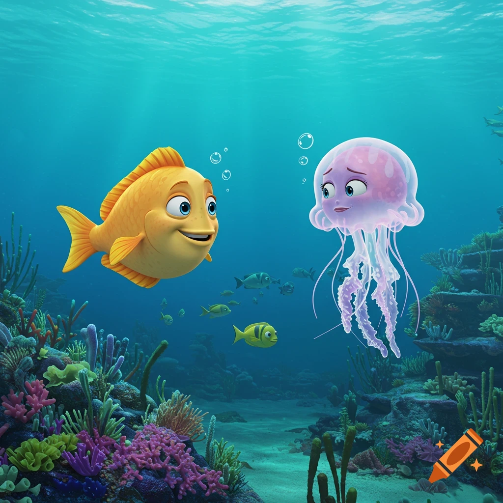 A cartoon fish and jellyfish swim together underwater near a colorful reef.