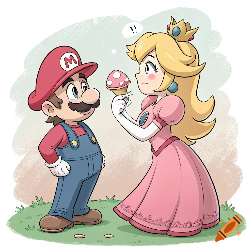 Mario and Peach standing together, Peach holds a mushroom.