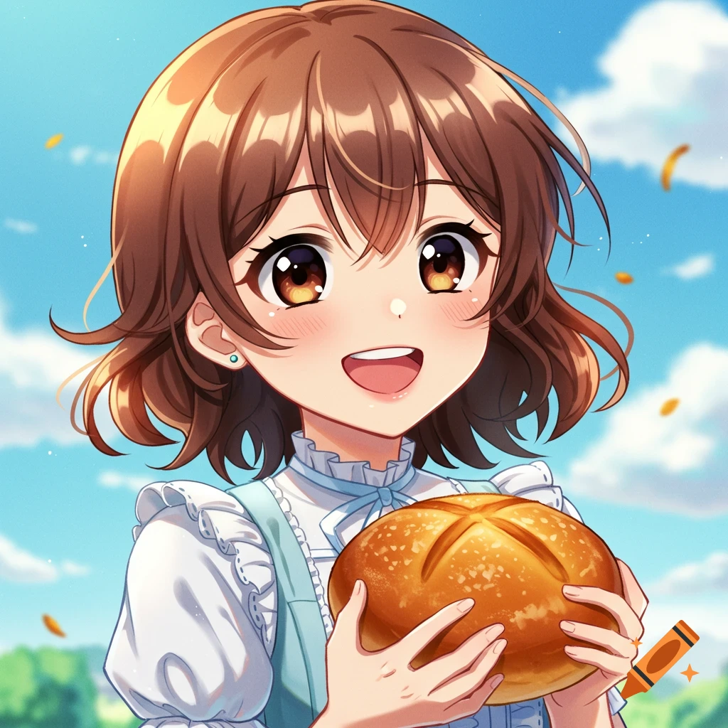 Anime girl with brown hair and eyes holds a loaf of bread and smiles.