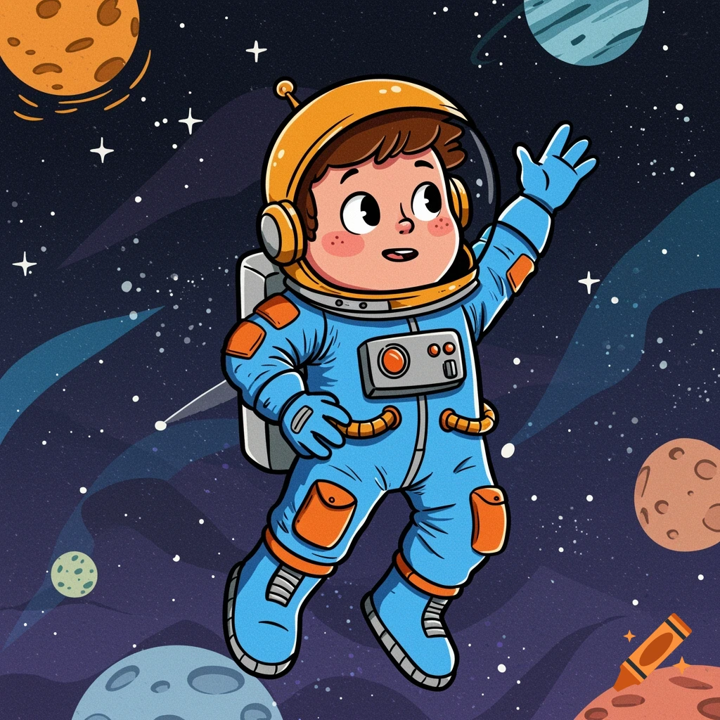 Whimsical cartoon of a young boy in a blue and orange astronaut suit floating in space with planets and stars, waving.