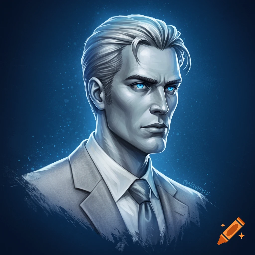 Portrait of a ghostly man in a suit with glowing blue eyes against a blue background.