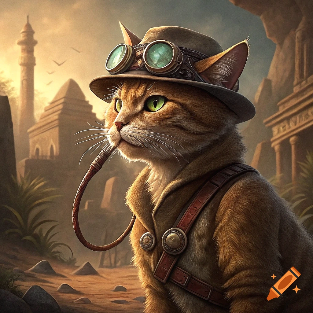 Cat dressed as Indiana Jones in desert ruins.