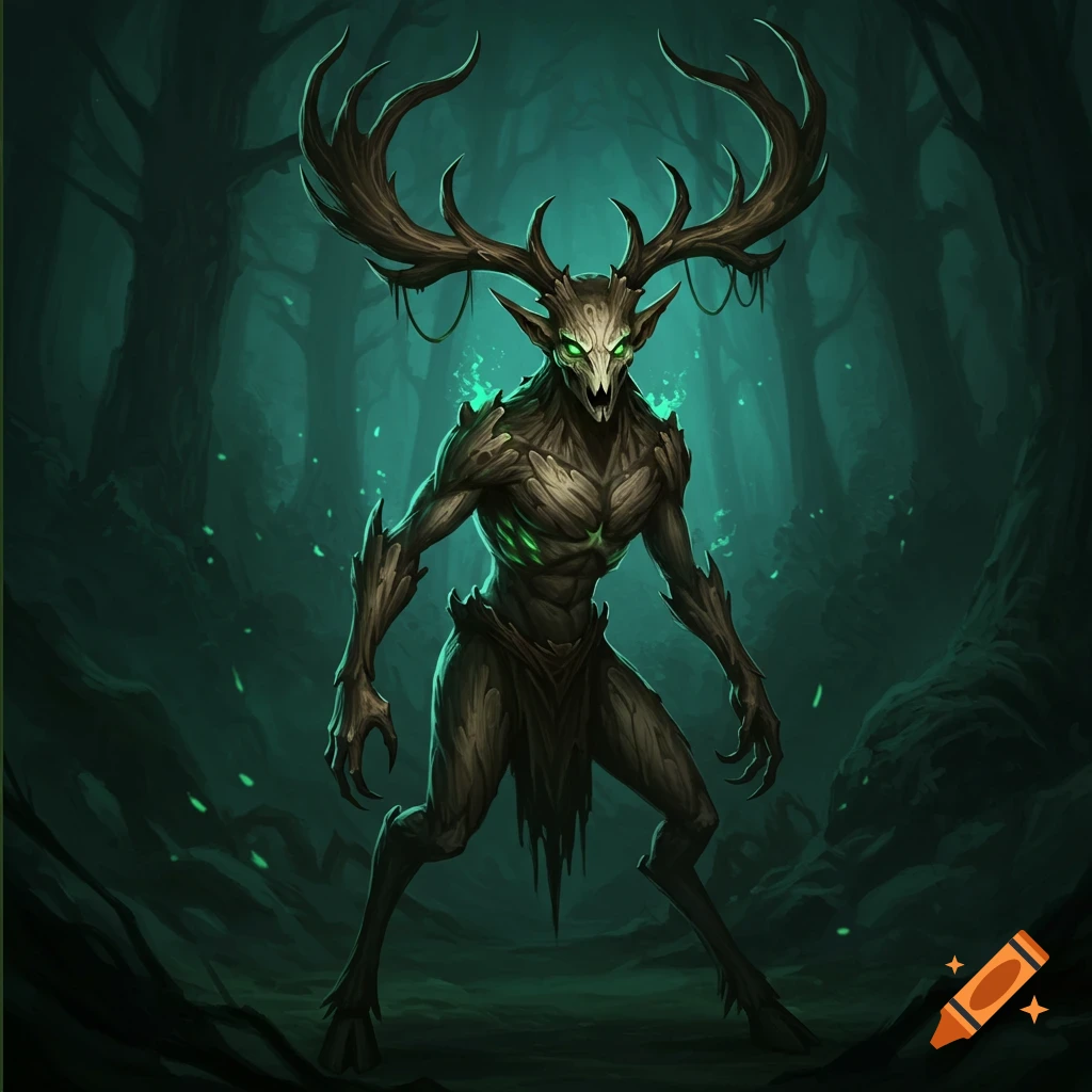 A scary forest creature with bark skin, antlers, deer legs, and glowing green eyes standing in a dark forest.