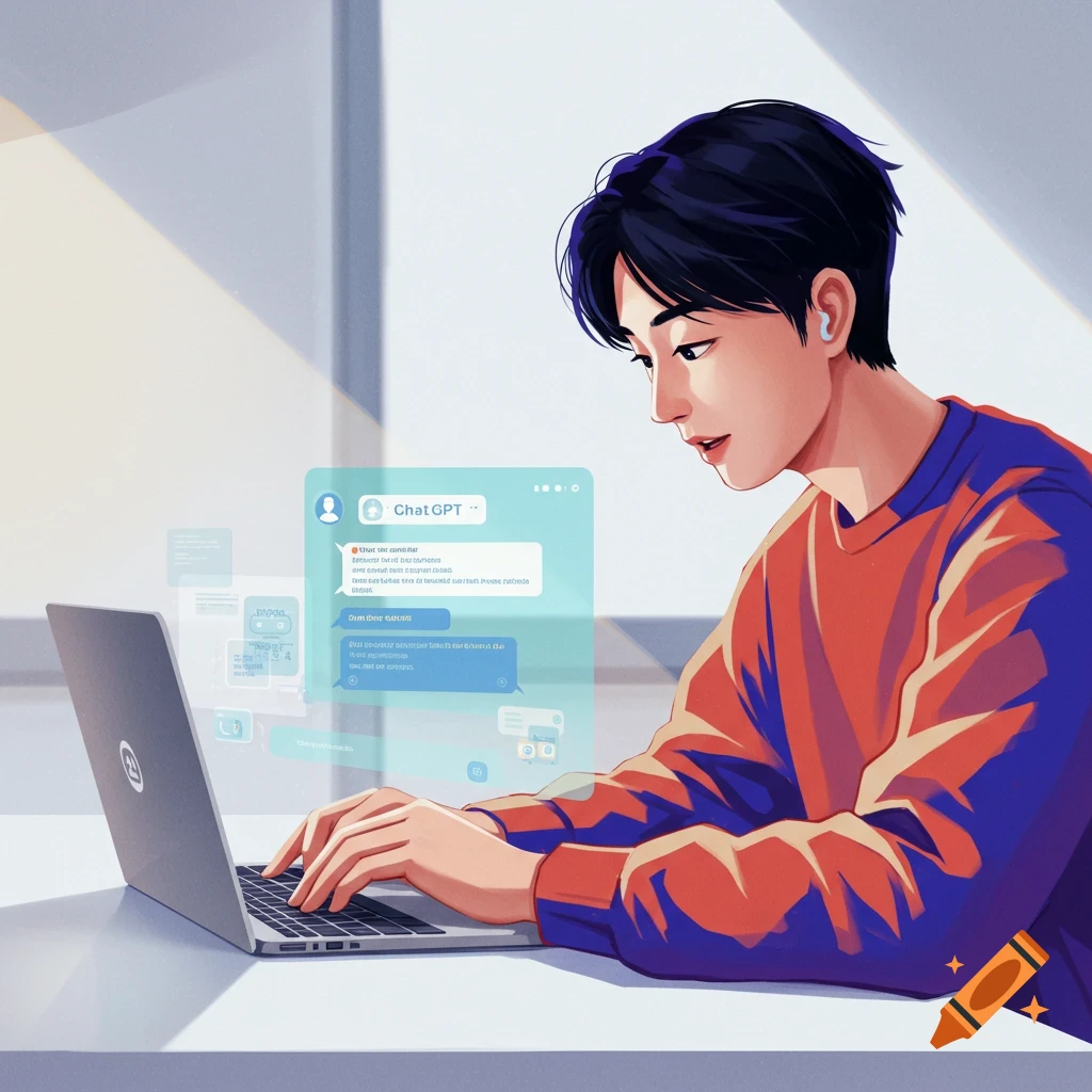 A person working on a laptop with a glowing chat interface.