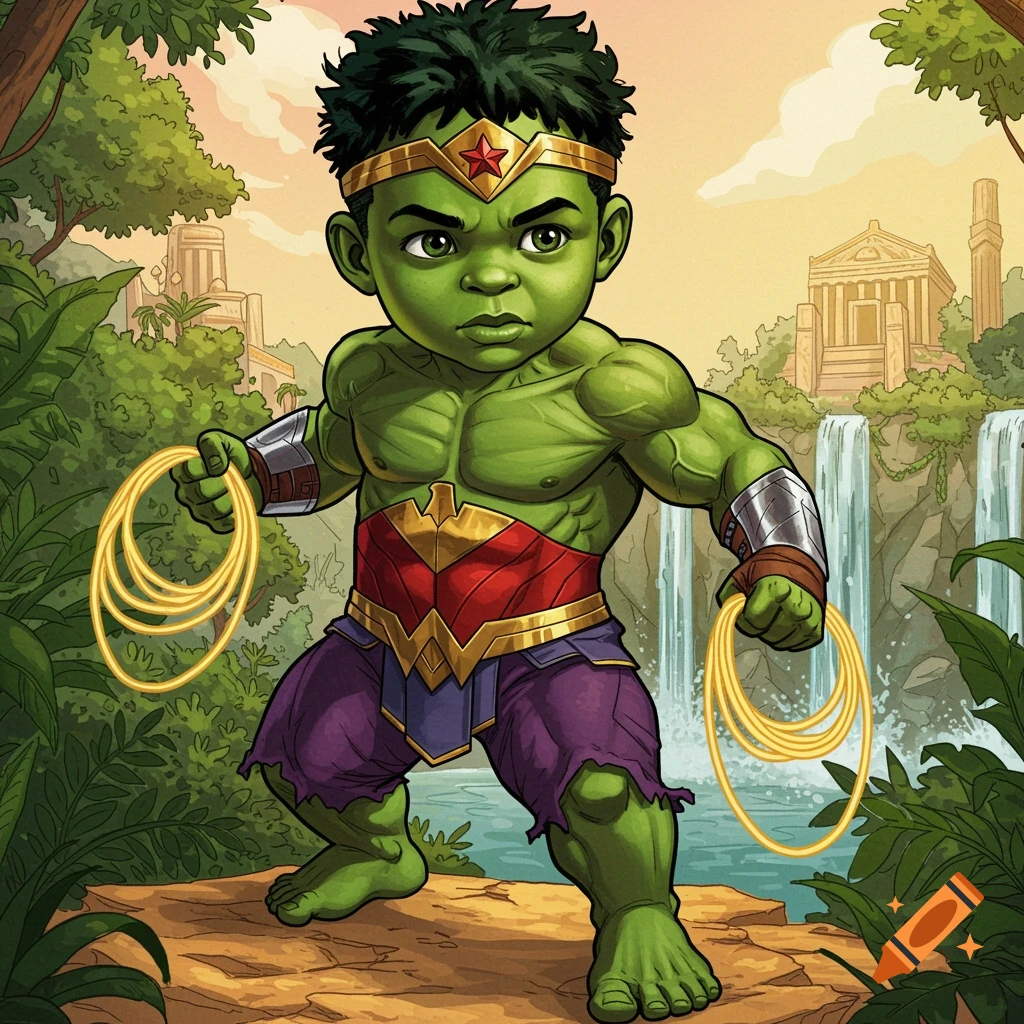 A cartoon child with green skin and muscles, wearing a Wonder Woman costume and holding lassos, in a jungle setting with waterfalls.