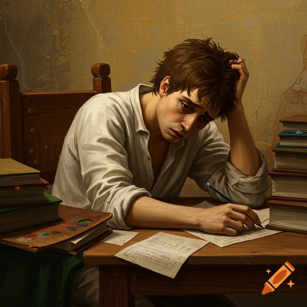 A distressed young man writes at a desk, surrounded by books and papers.