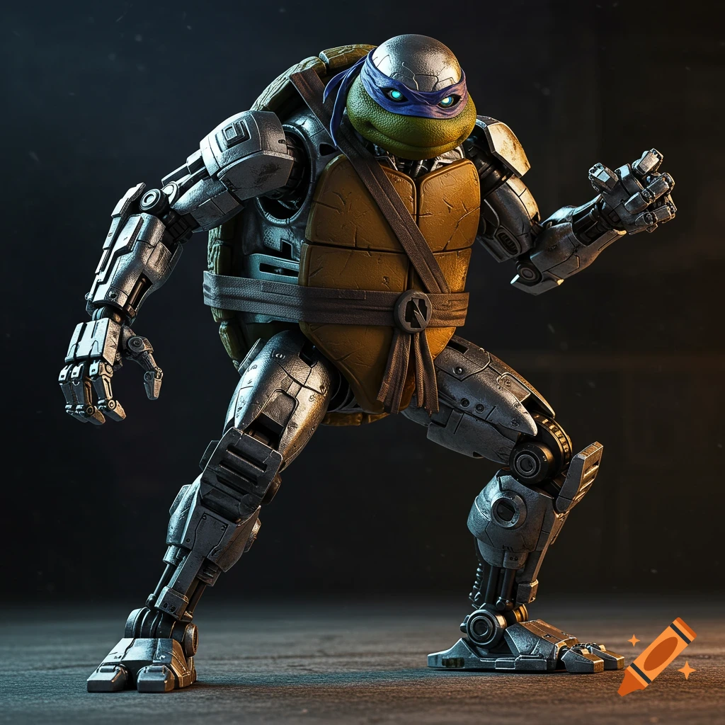A robotic Teenage Mutant Ninja Turtle standing ready