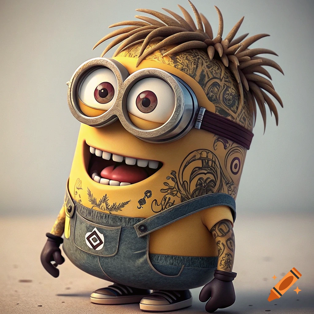 A Minion character covered in tattoos, with spiky hair and goggles, smiling.