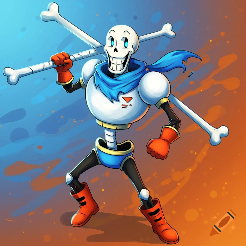 Papyrus from Undertale is holding bones over his shoulder.