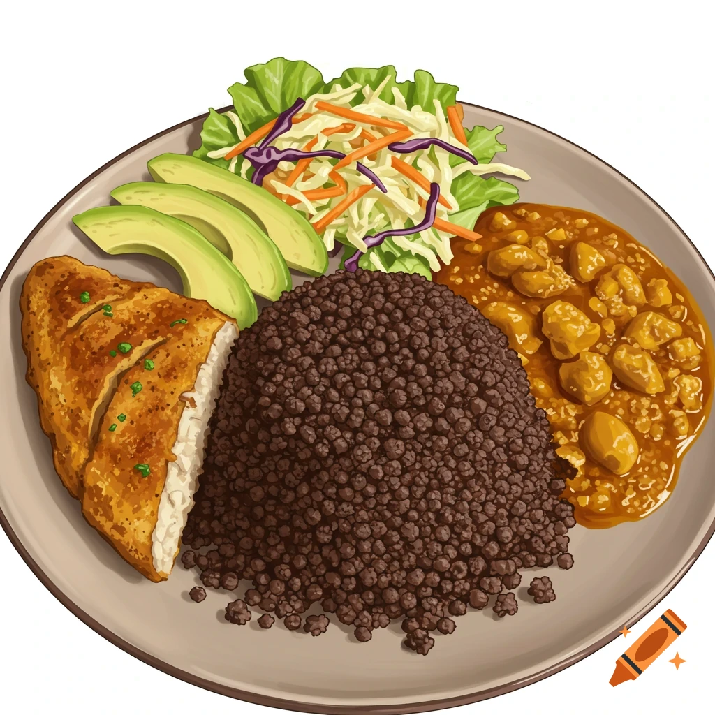 A plate with fried fish, dark grains, stew, sliced avocado, and salad.