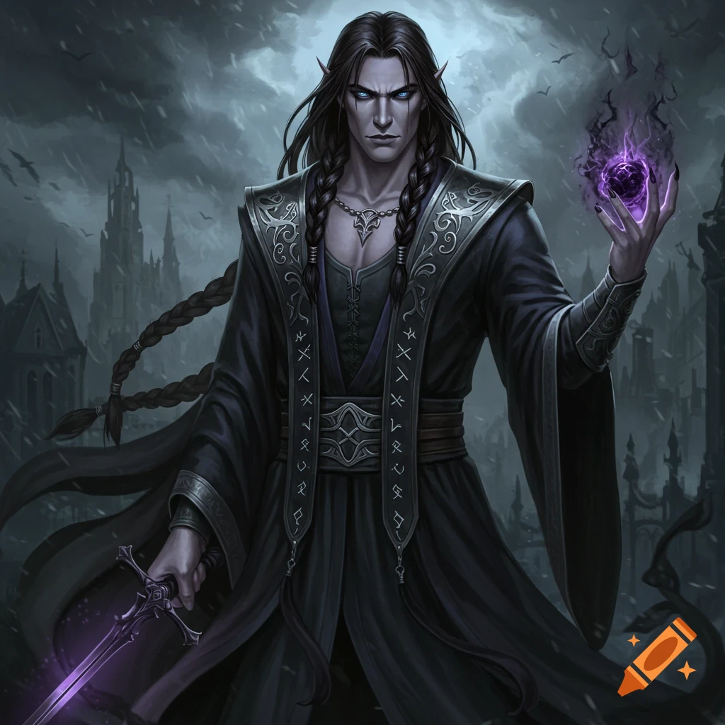 A fantasy warlock holding a purple orb and sword, with a dark castle in the background.