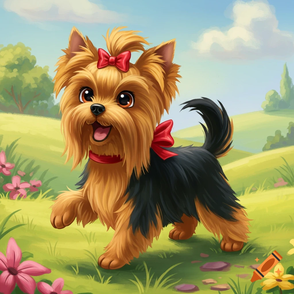 Cartoon Yorkshire Terrier puppy running in a grassy field