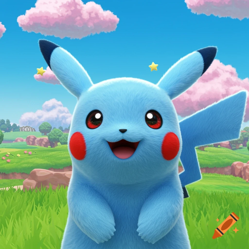 A vibrant blue Pikachu with red cheeks in a lush fantasy landscape with pink clouds.