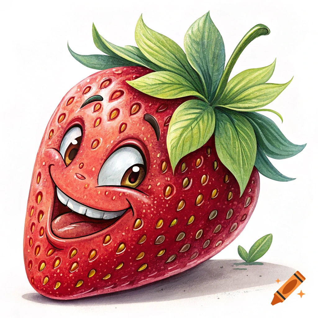A smiling cartoon strawberry with leaves.