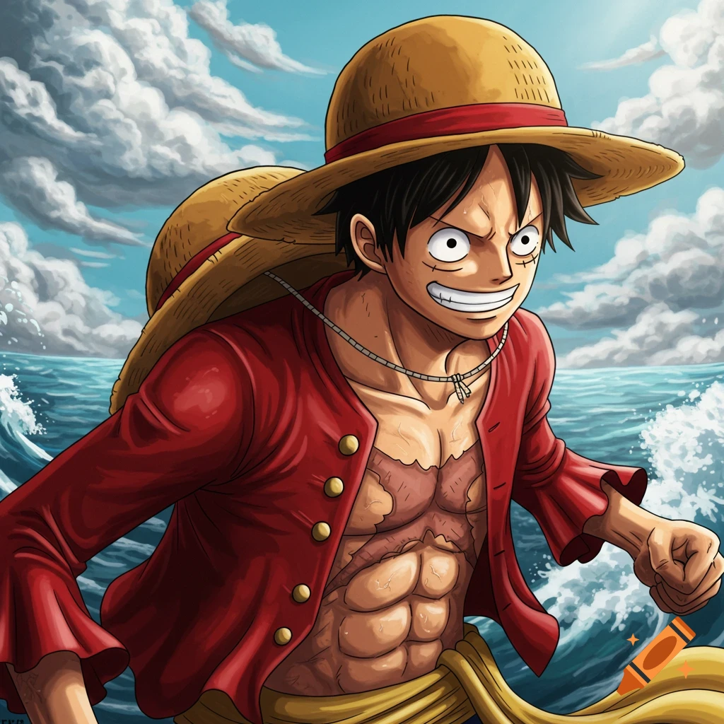 Anime style illustration of Monkey D. Luffy from One Piece running through the ocean with a determined expression.