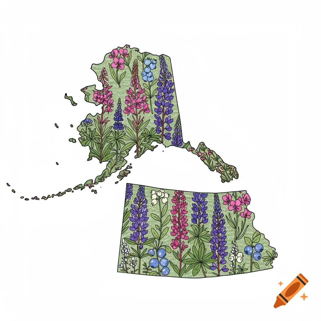 An illustration of the shape of Alaska filled with colorful flowers and plants.