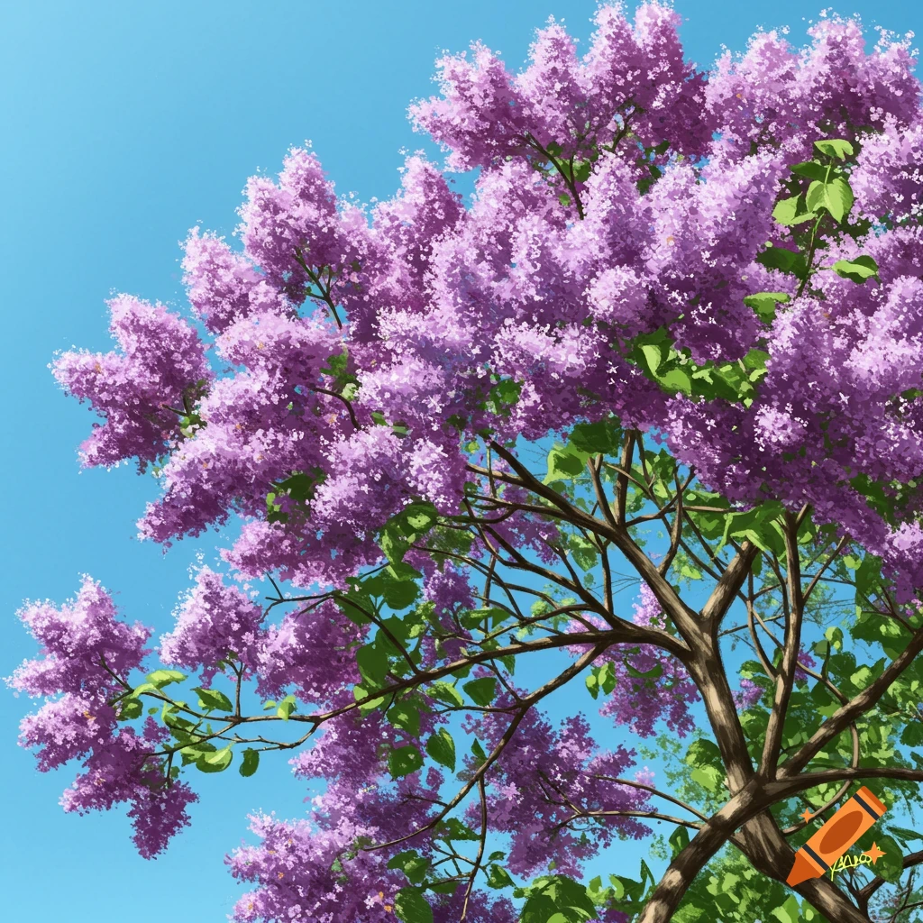 A lilac tree with purple blossoms stands out against a blue sky.