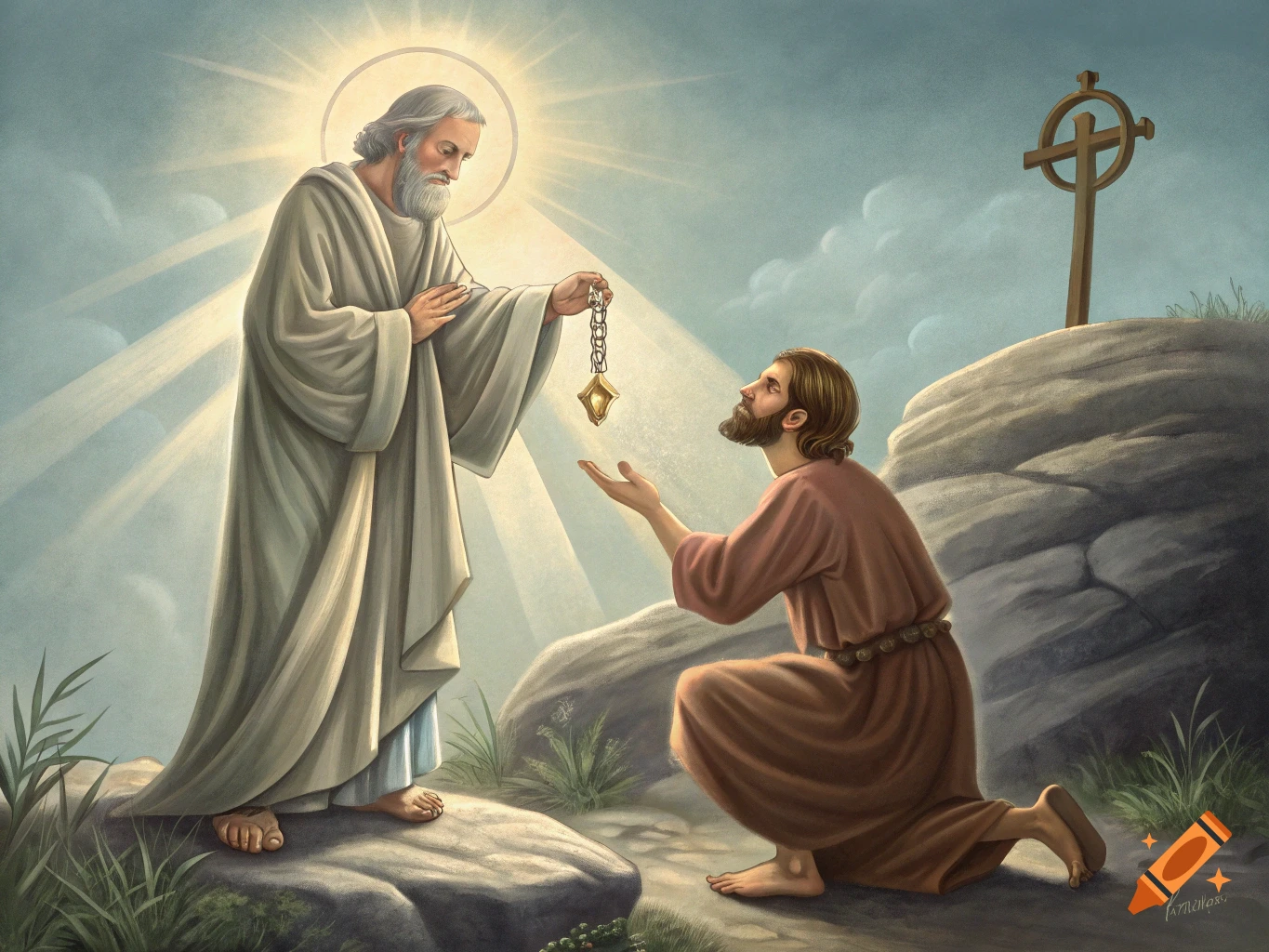 Painting of Jesus giving keys to kneeling Saint Peter on a rocky hill with a cross.