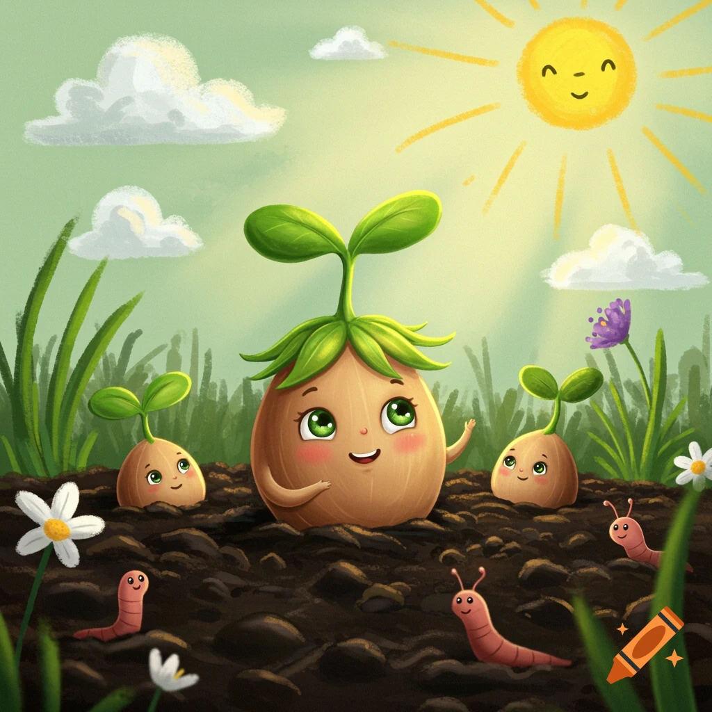 A whimsical children's illustration of smiling seed characters and earthworms in soil under a cheerful sun.