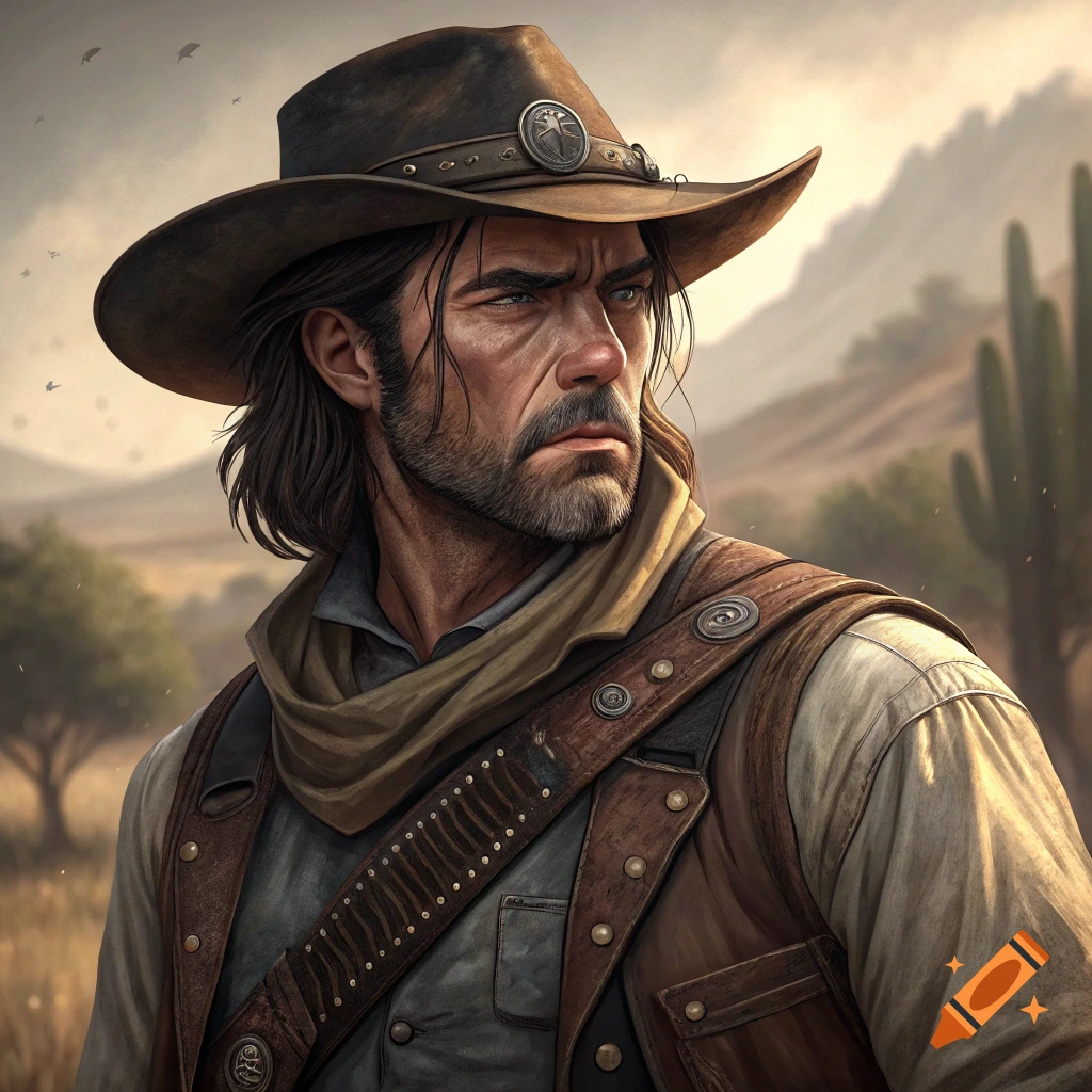 A rugged man in a cowboy hat and gear stands in a desert landscape.