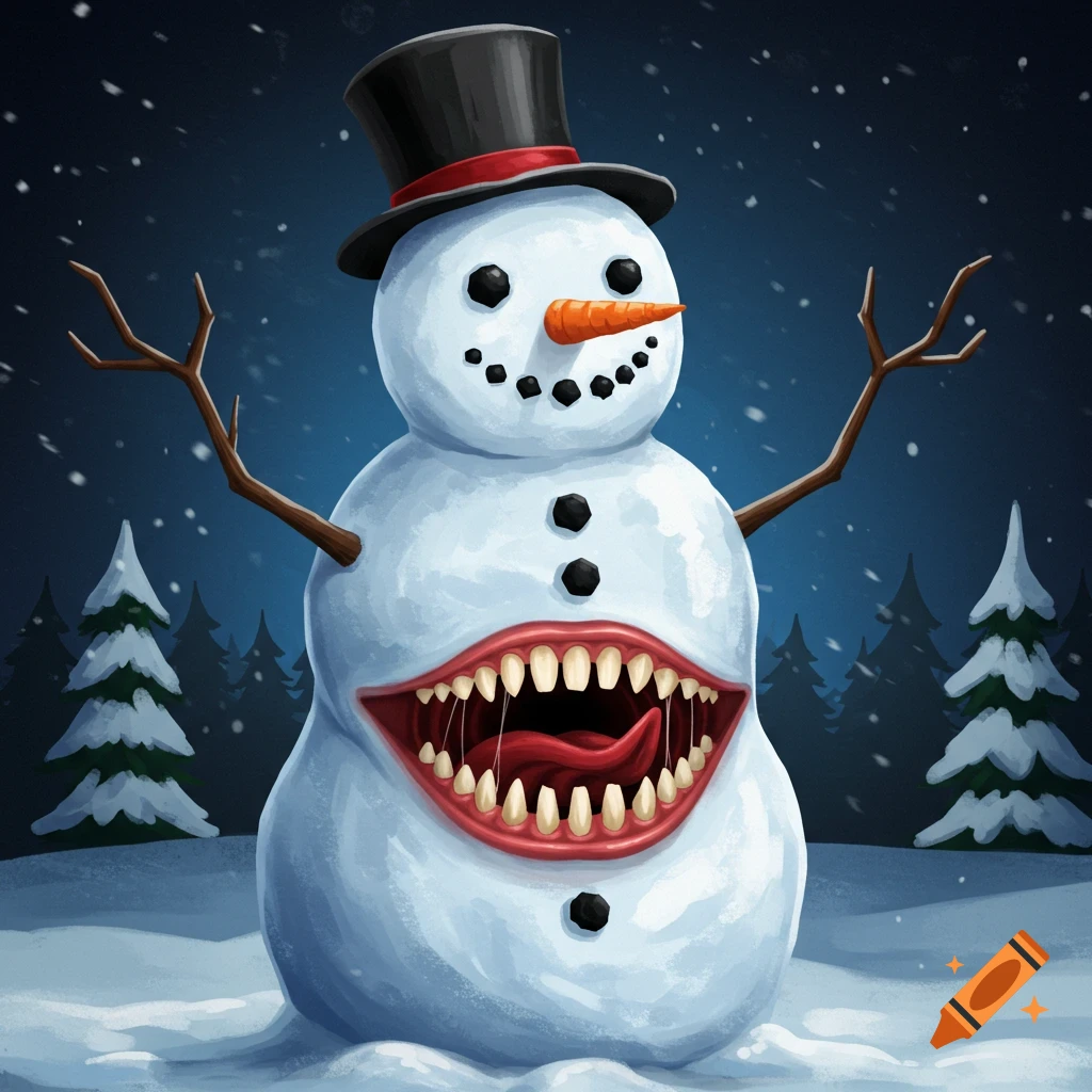 A creepy snowman with a sharp-toothed mouth and long tongue in its body stands in a snowy forest at night.